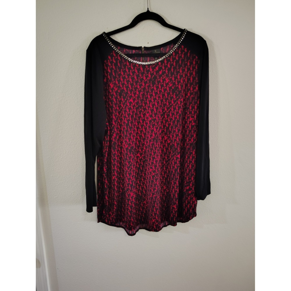 Worthington Woman Red Black Abstract Studded Neck Tunic Top 0X Long Sleeve Zip